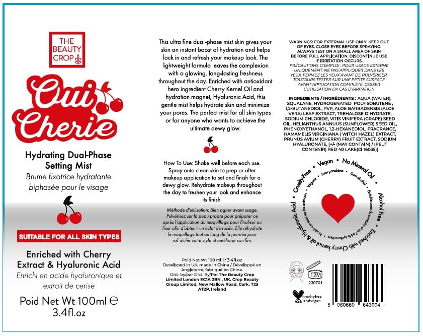 Vegan, alcohol-free Oui Cherie Mist packaging emphasis