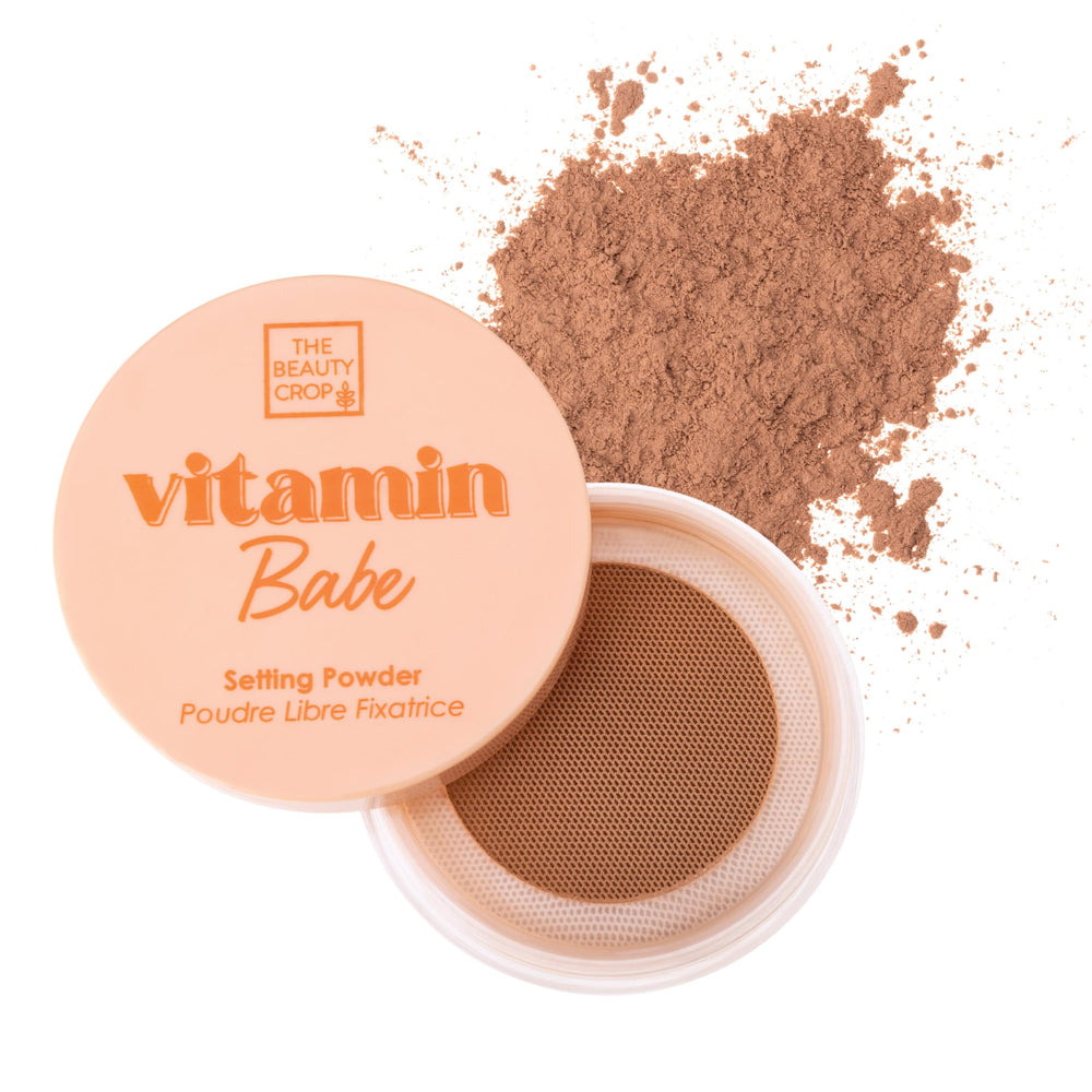 The Beauty Crop Vitamin Babe Setting Powder bottle shows airbrushed finish and long-lasting wear.