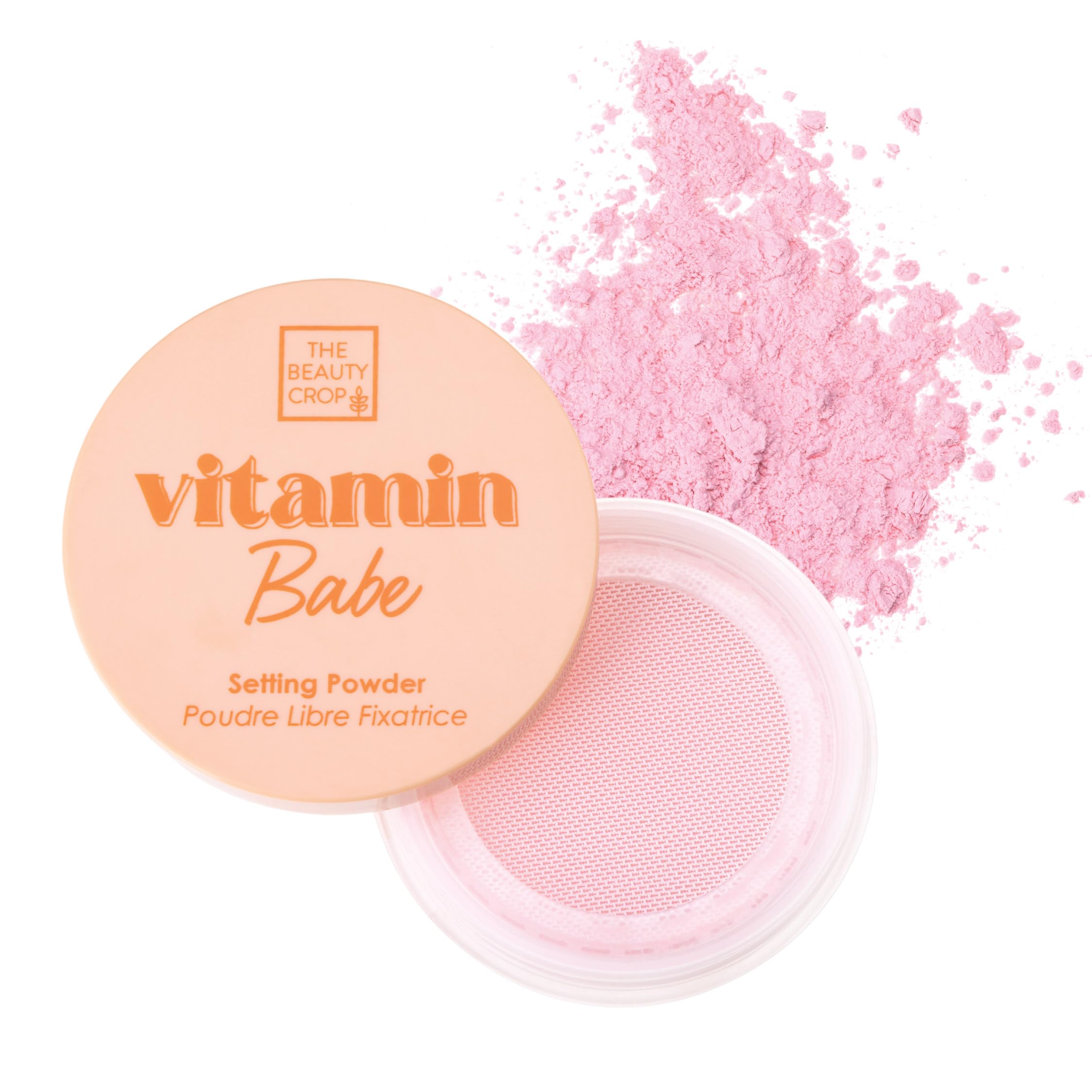 The Beauty Crop Vitamin Babe pink setting powder with puff for on-the-go touch-ups.
