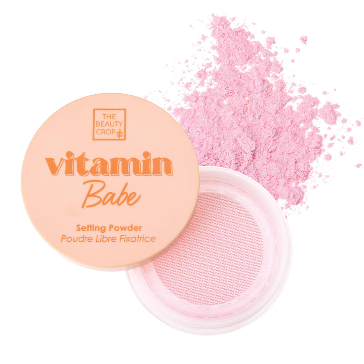 The Beauty Crop Vitamin Babe pink setting powder with puff for on-the-go touch-ups.