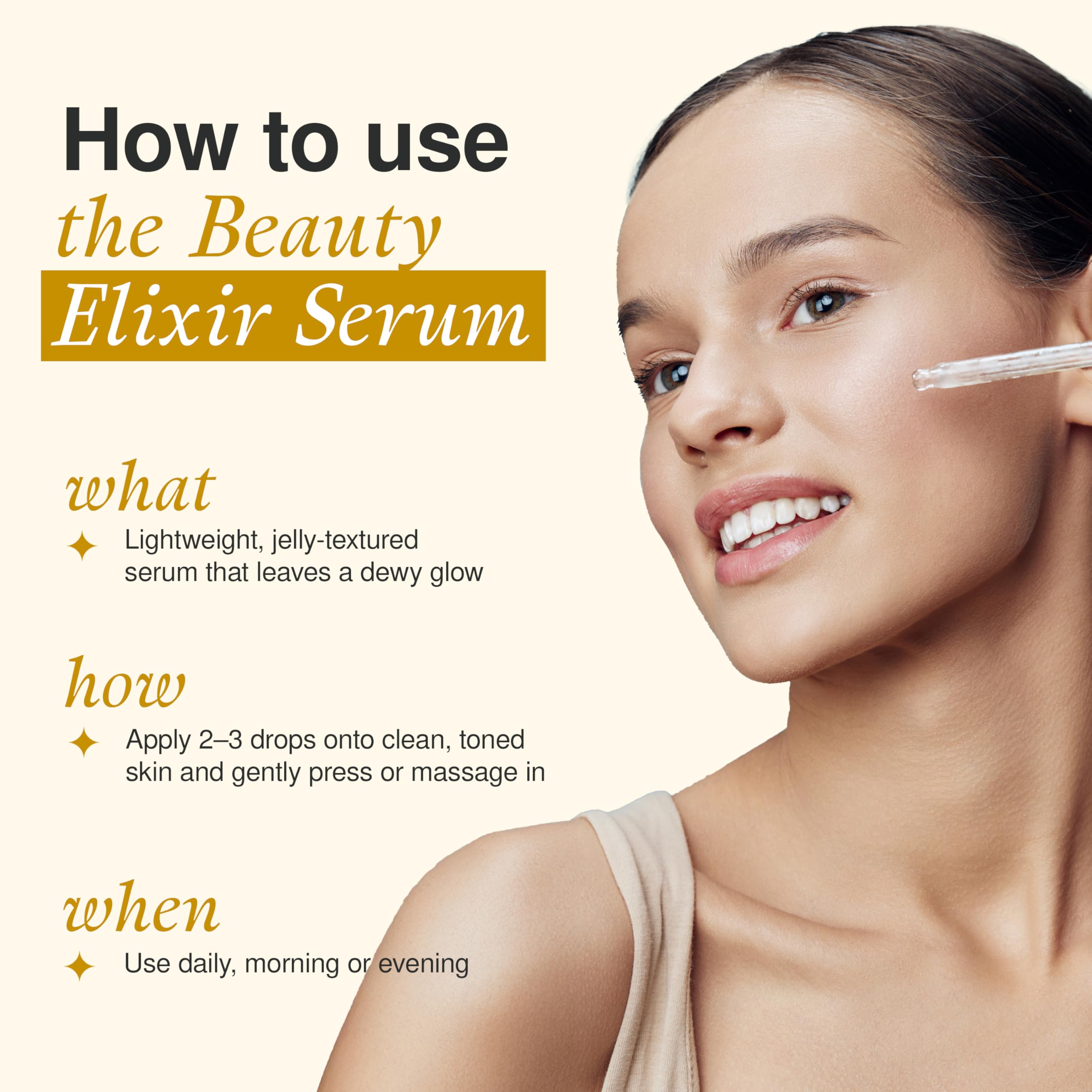 The Beauty Elixir 24K Gold Serum applied to skin for a radiant, hydrated look.