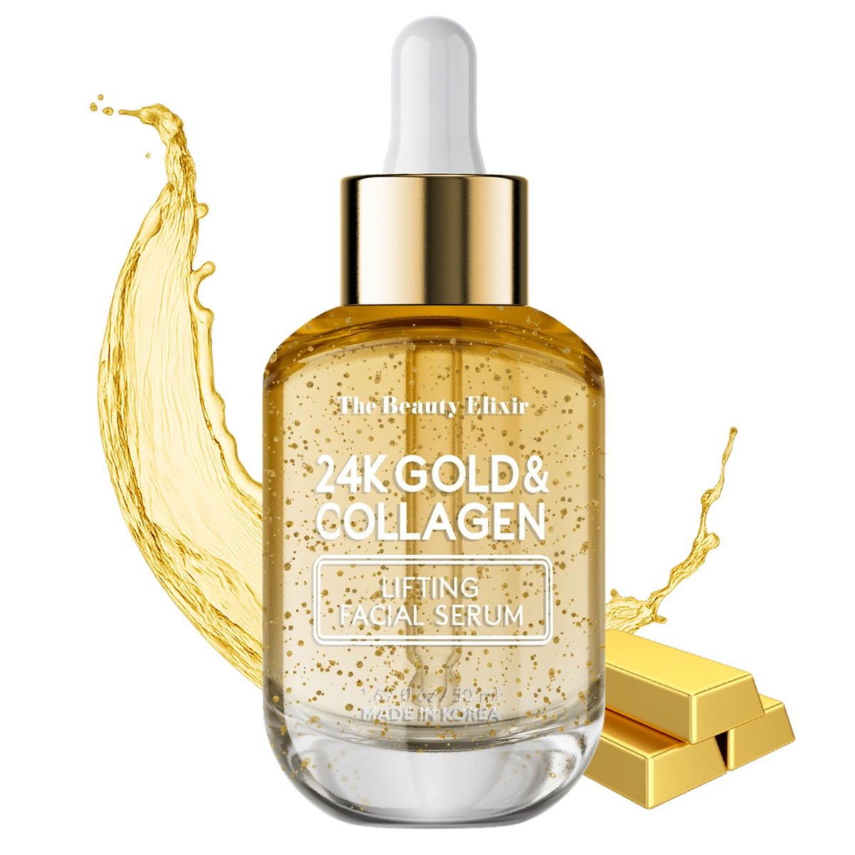 The Beauty Elixir 24K Gold Serum bottle front view shows luxurious hydration.