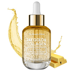 The Beauty Elixir 24K Gold Serum bottle front view shows luxurious hydration.