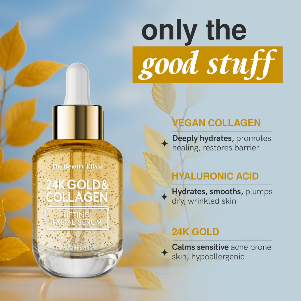 The Beauty Elixir packaging on vanity conveys premium skincare appeal.