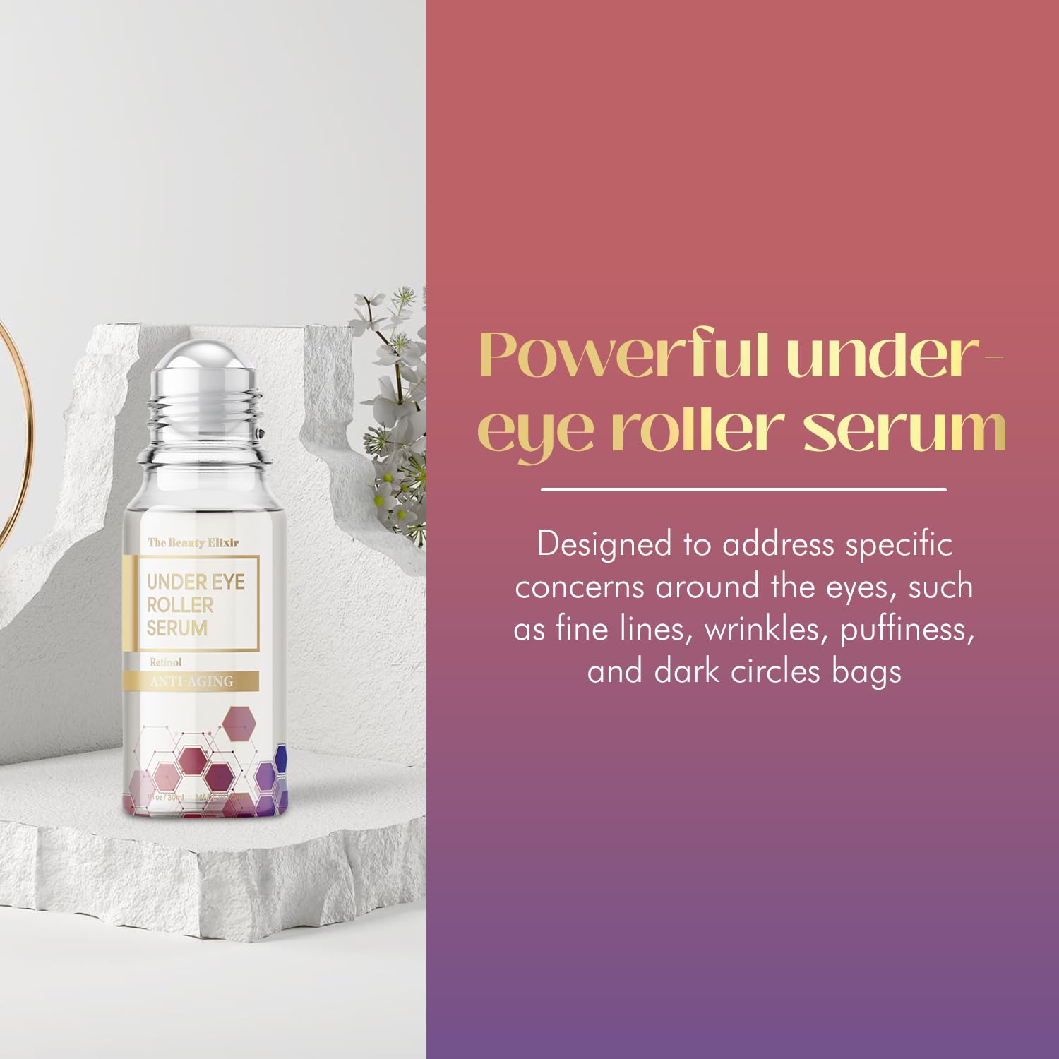 Under-eye application with The Beauty Elixir Retinol Eye Roller for puffiness