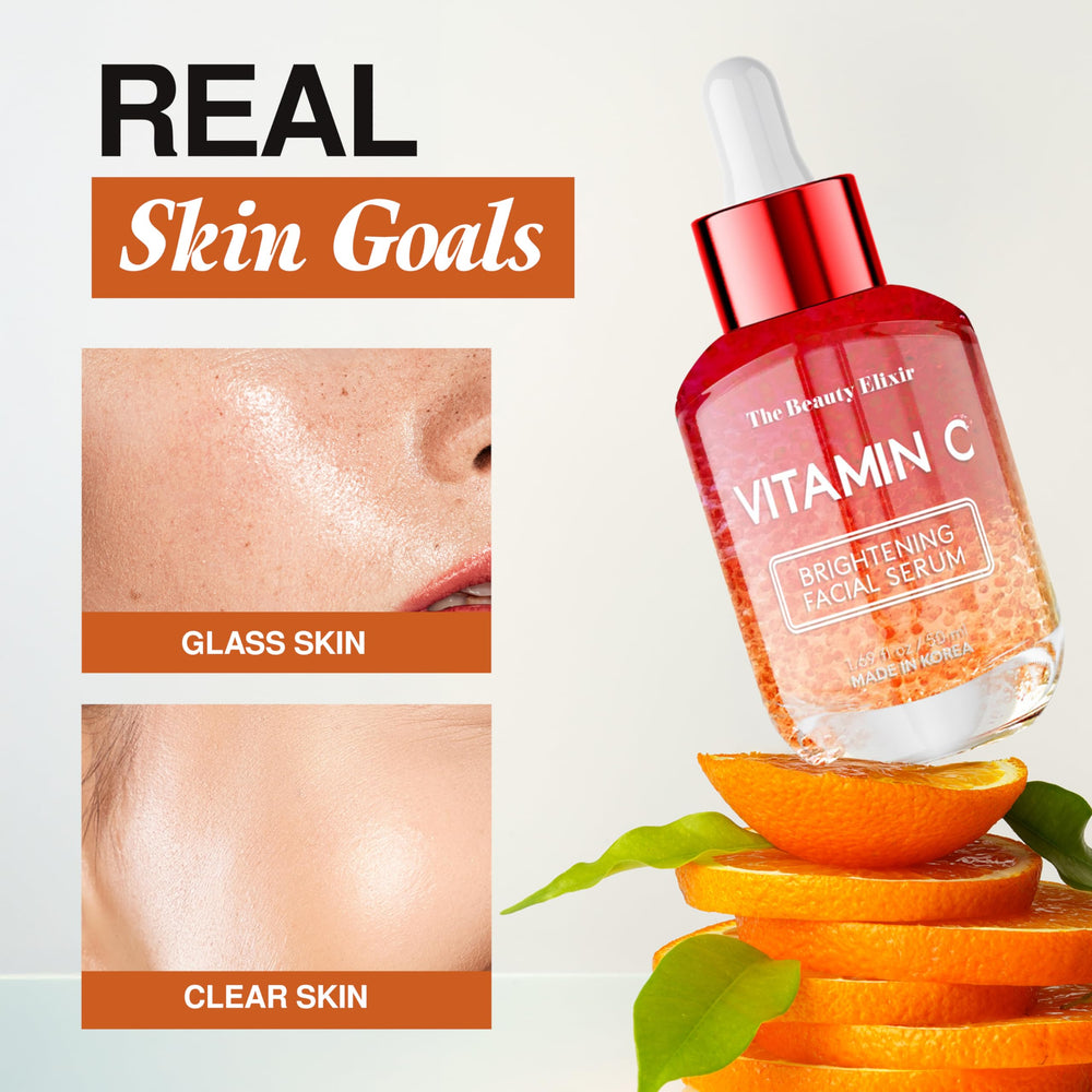 The Beauty Elixir Vitamin C Serum in-use photo captures brightening ritual during morning routine.