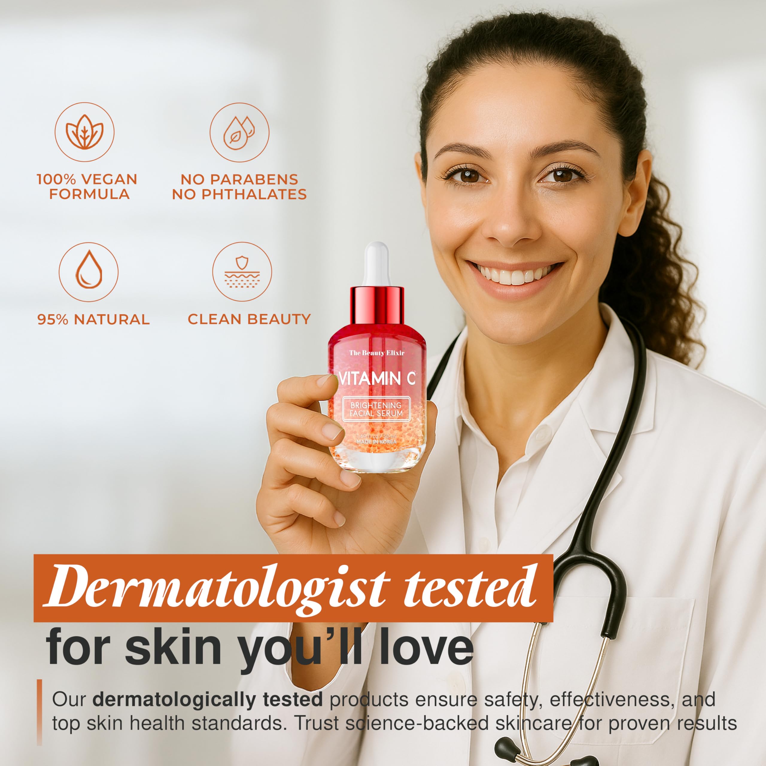 The Beauty Elixir Vitamin C Serum label highlights clean ingredients for a reliable, Korean skincare approach.