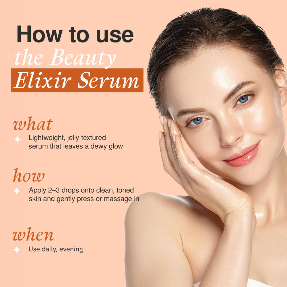 The Beauty Elixir Vitamin C Serum texture swatch shows a lightweight, fast-absorbing finish.