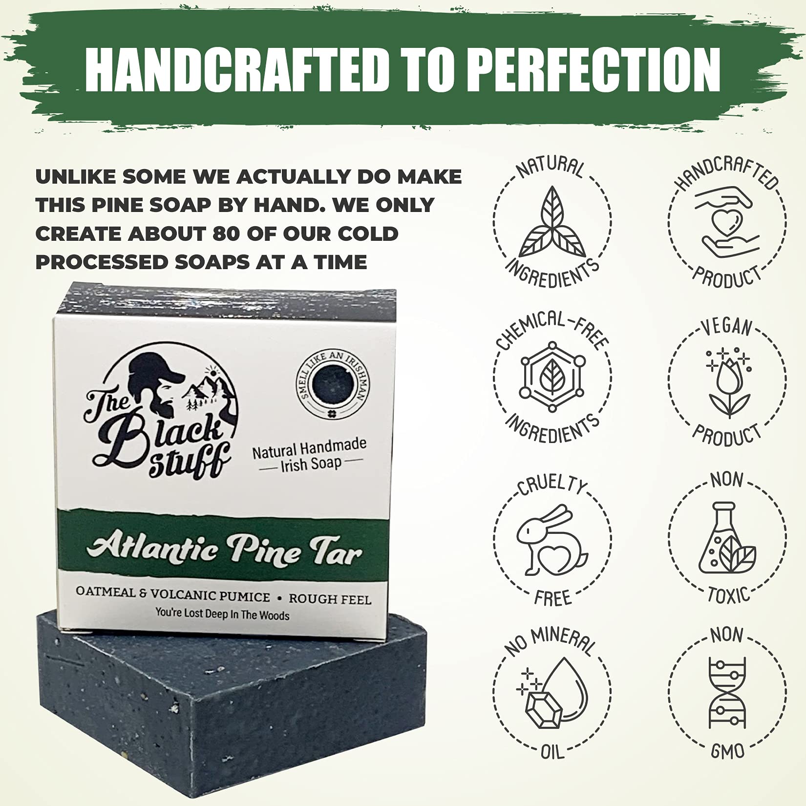 The Black Stuff Pine Tar Soap bar with pumice and oatmeal for gentle exfoliation.