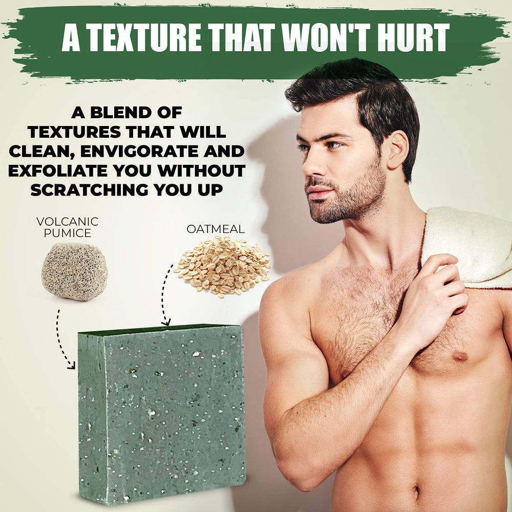 The Black Stuff Pine Tar Soap bar pine scent in a bathroom setting.