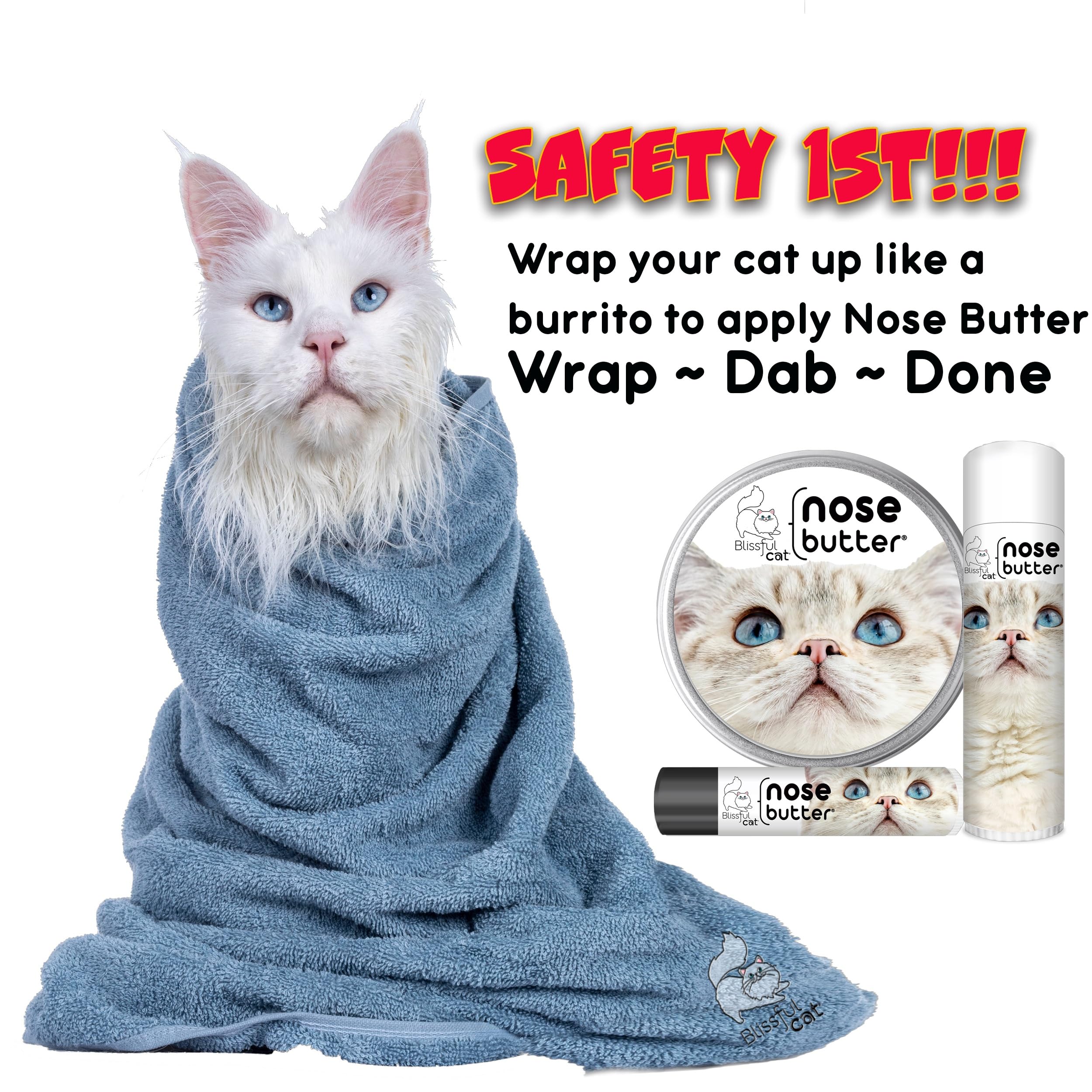 The Blissful Cat Nose Butter application shows a tiny amount for nose care.
