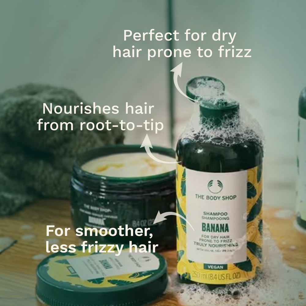 Closeup of The Body Shop Banana Shampoo label on bottle