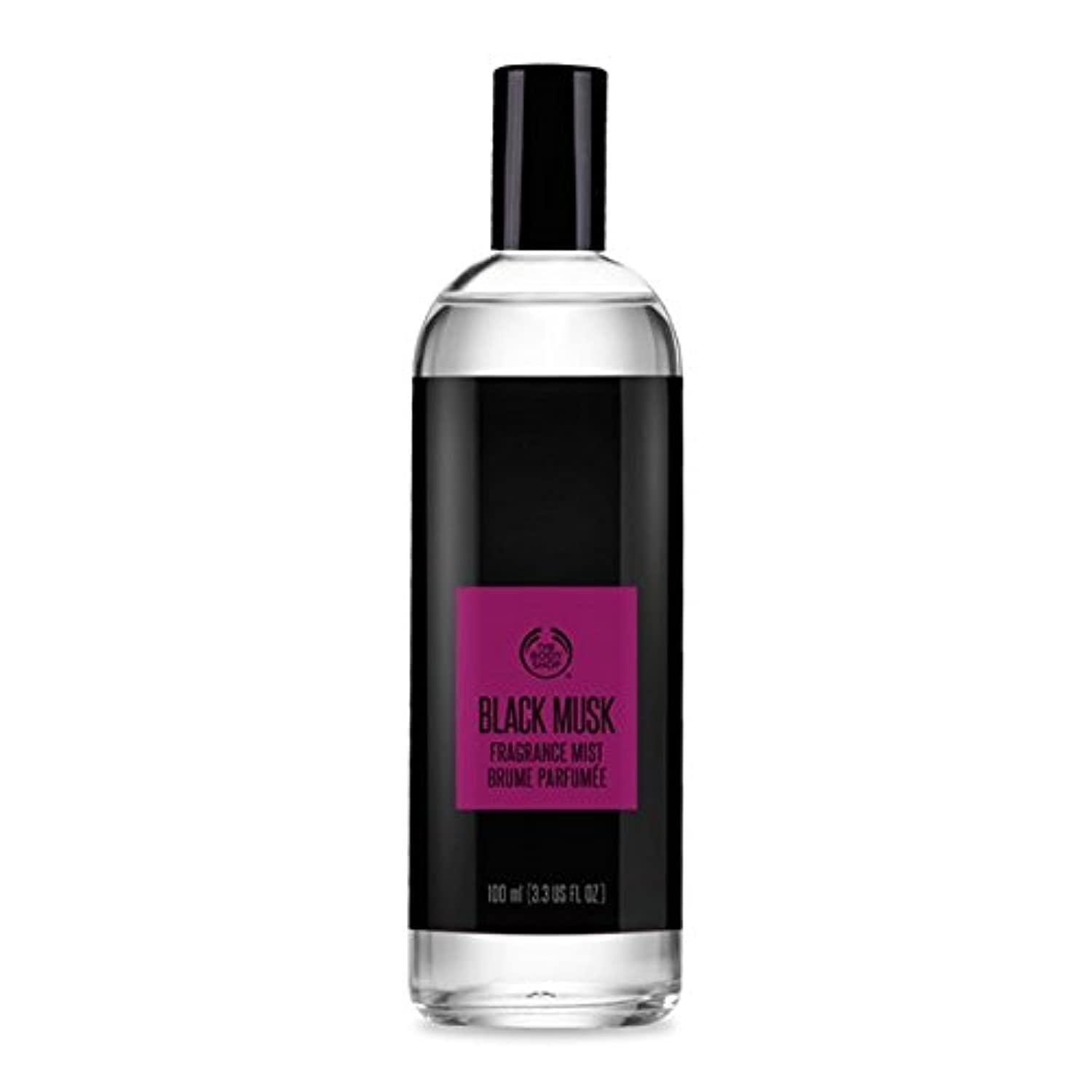 The Body Shop Black Musk fragrance mist bottle close-up for a long-lasting evening scent.