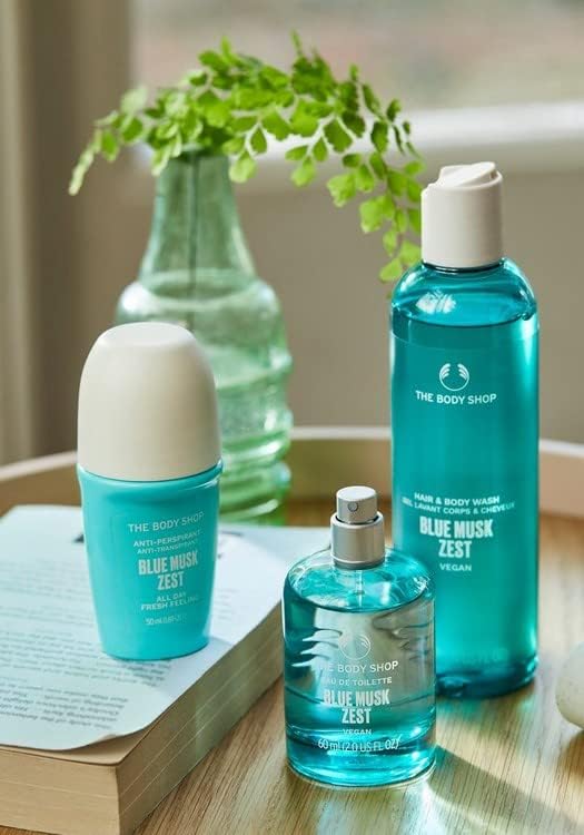 The Body Shop Blue Musk Zest roll-on applicator provides lasting dry feel and odor control