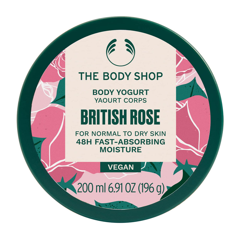 The Body Shop British Rose Body Yogurt jar close-up for instant hydration and softness.