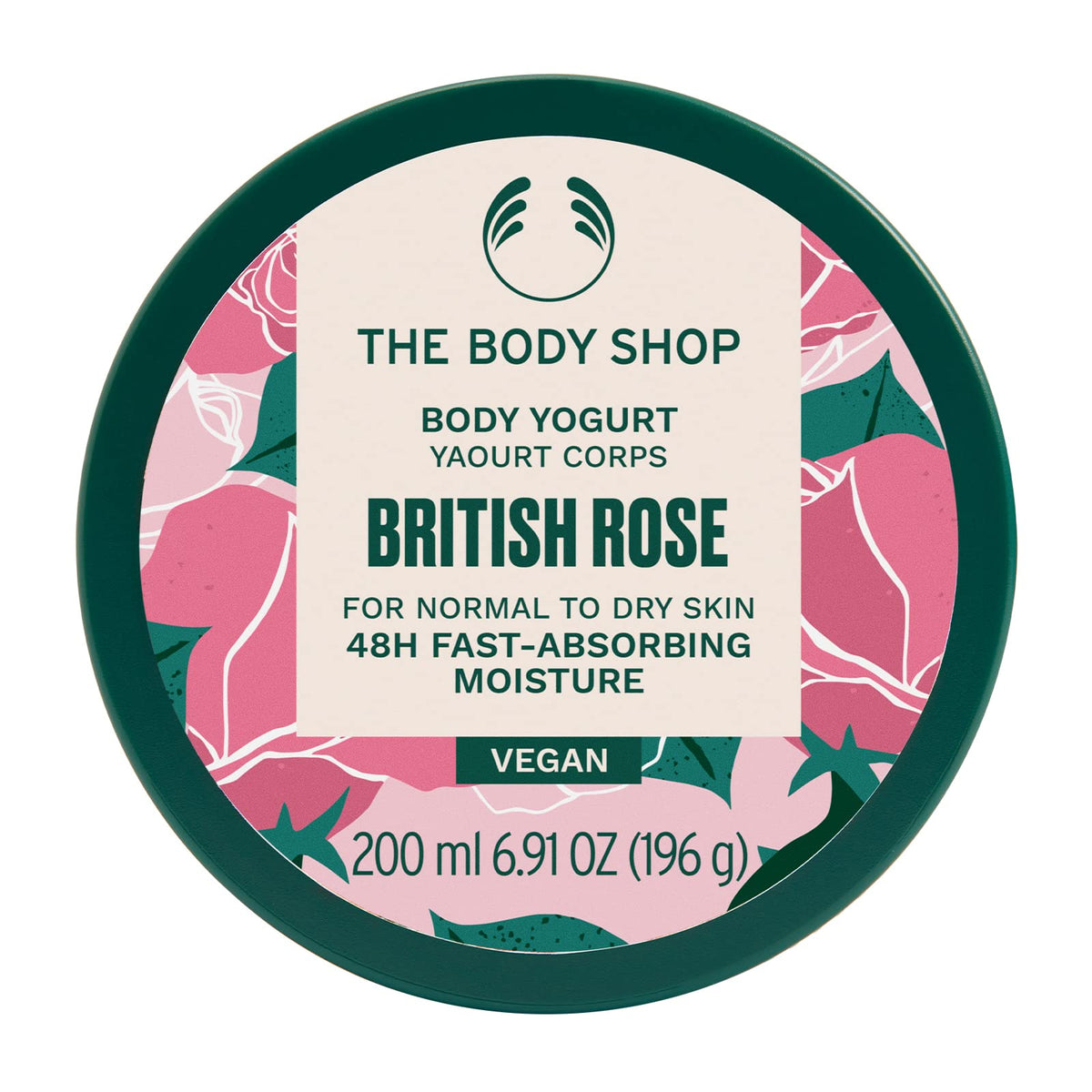 The Body Shop British Rose Body Yogurt jar close-up for instant hydration and softness.
