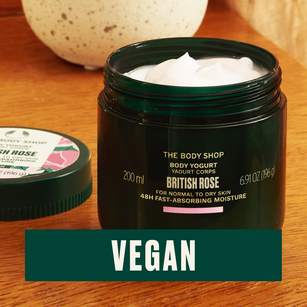 Packaging highlight of The Body Shop British Rose Body Yogurt vegan formula.