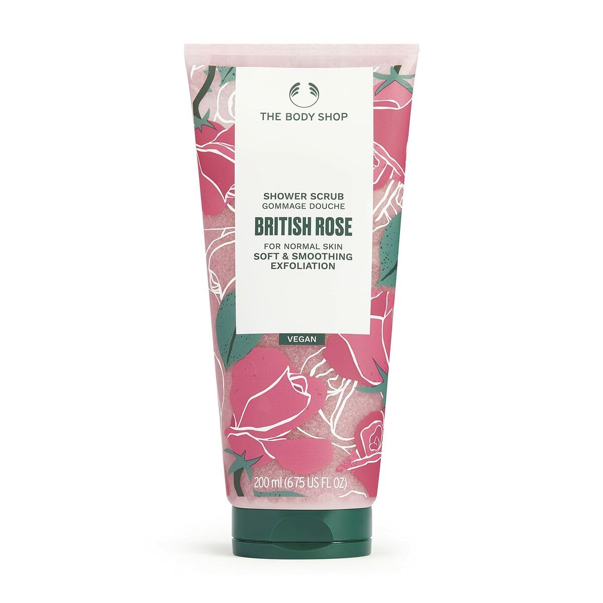 The Body Shop British Rose Shower Scrub bottle highlights floral exfoliation for smoother skin