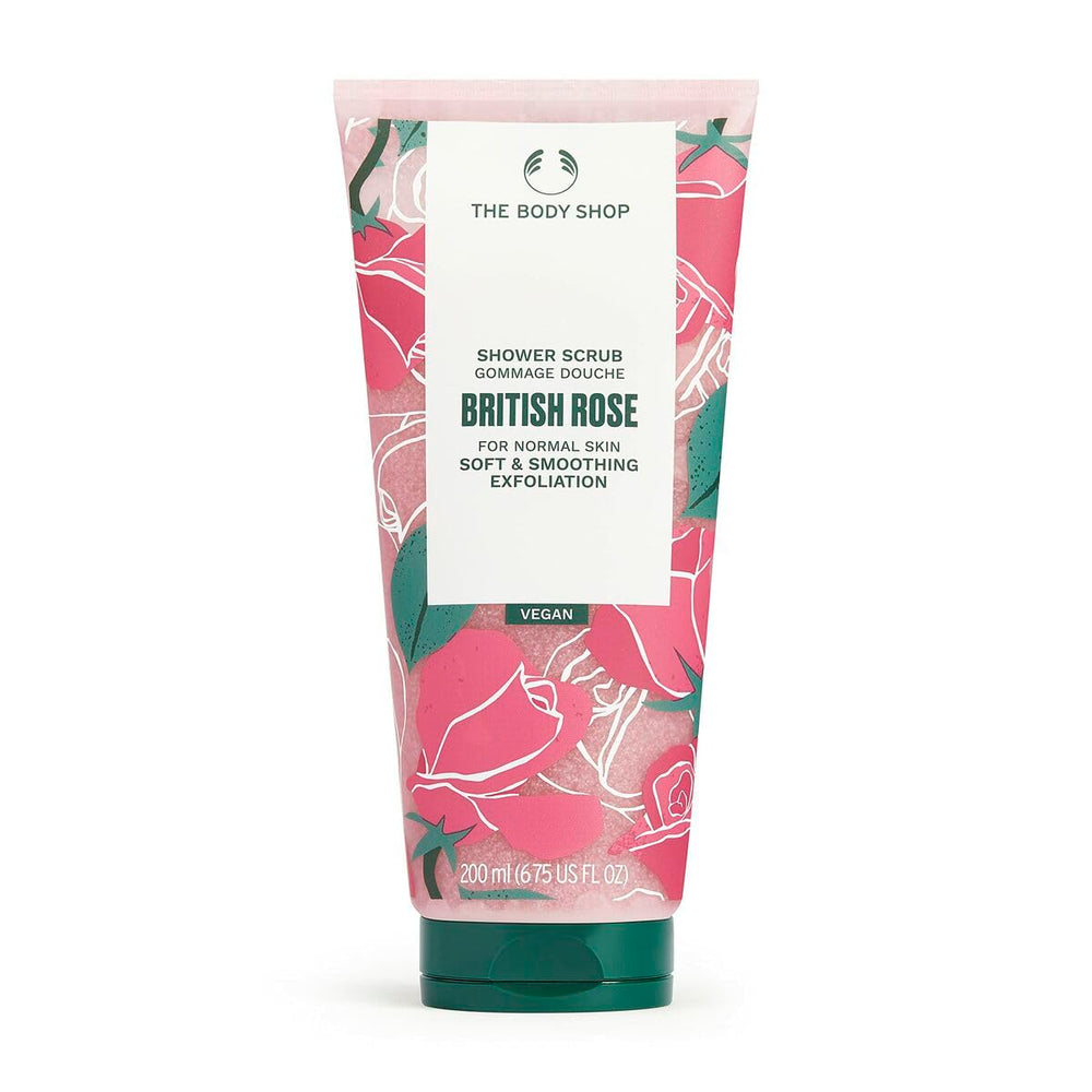 The Body Shop British Rose Shower Scrub bottle highlights floral exfoliation for smoother skin
