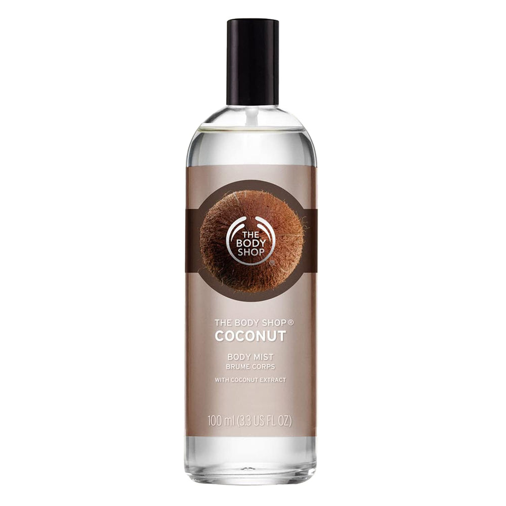 The Body Shop Coconut Body Mist bottle spray highlights a light, refreshing coconut scent for daily use.