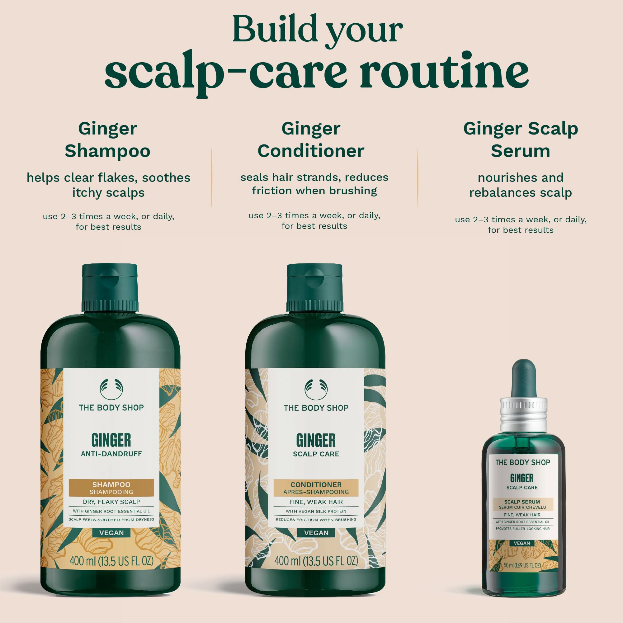 The Body Shop Ginger routine trio visual showing shampoo, conditioner, serum