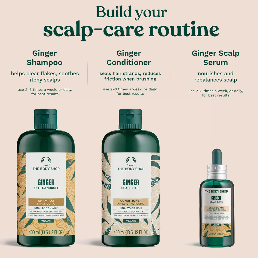 The Body Shop Ginger routine trio visual showing shampoo, conditioner, serum
