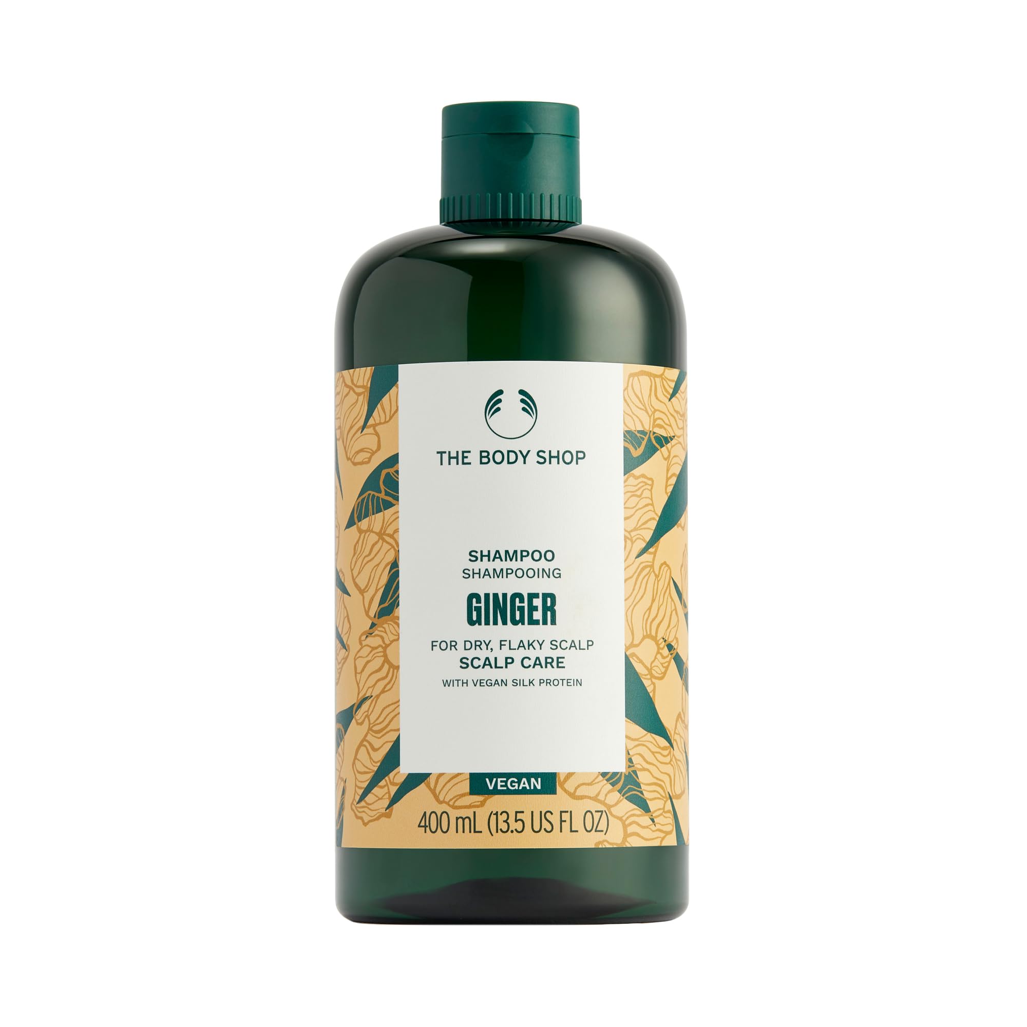 The Body Shop Ginger Scalp Care Shampoo bottle shows an invigorating blend that soothes the scalp.