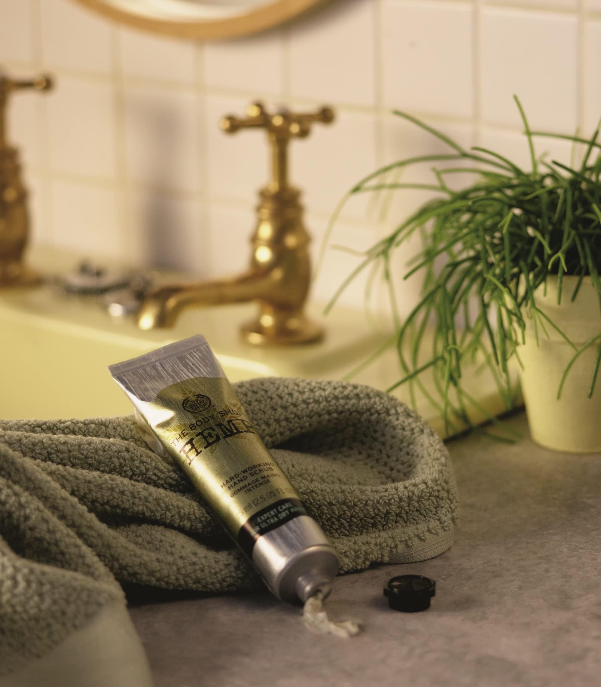 The Body Shop Hemp Hand Protector application swatch highlights velvety, long-lasting hydration