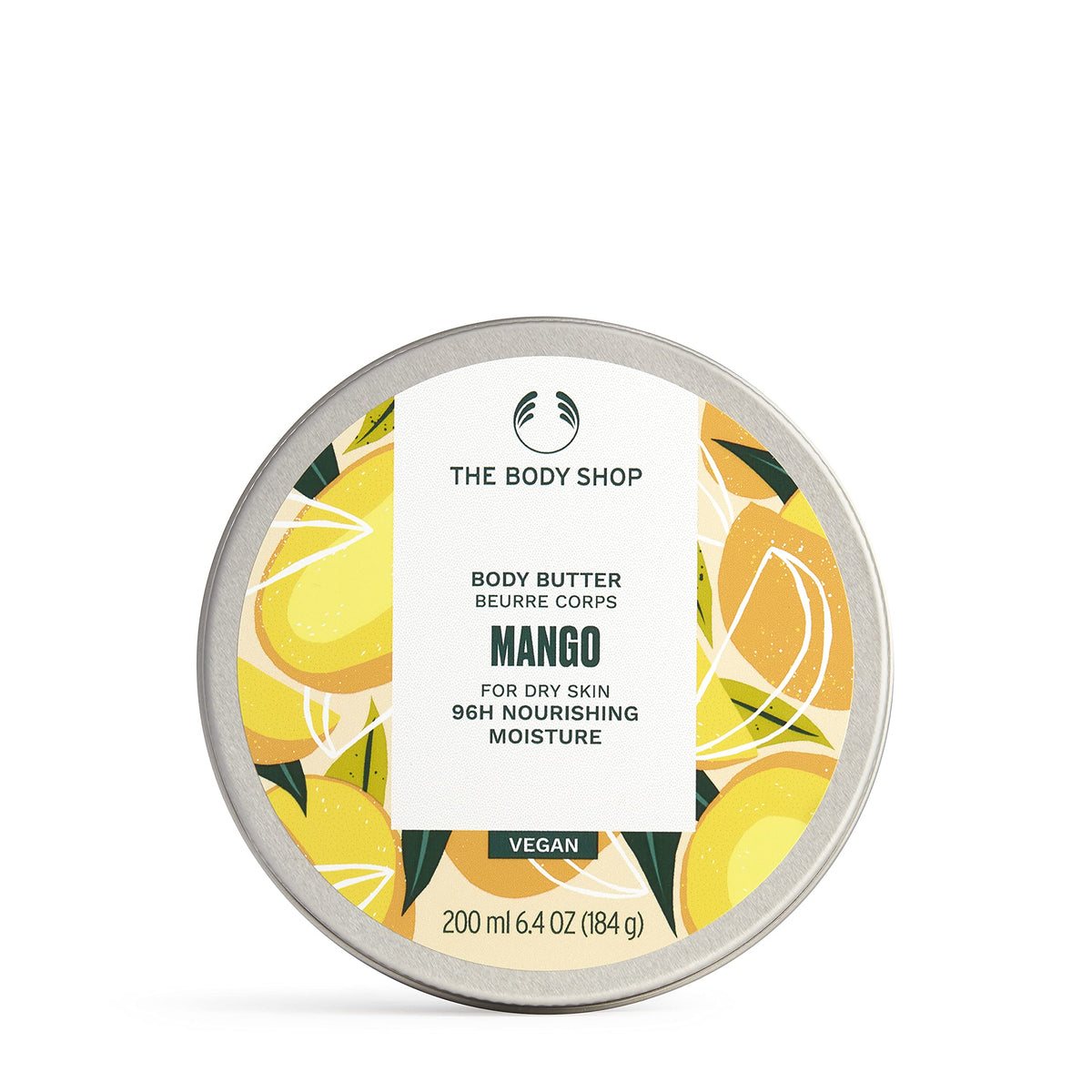 The Body Shop Mango Body Butter jar delivers rich hydration for dry skin.