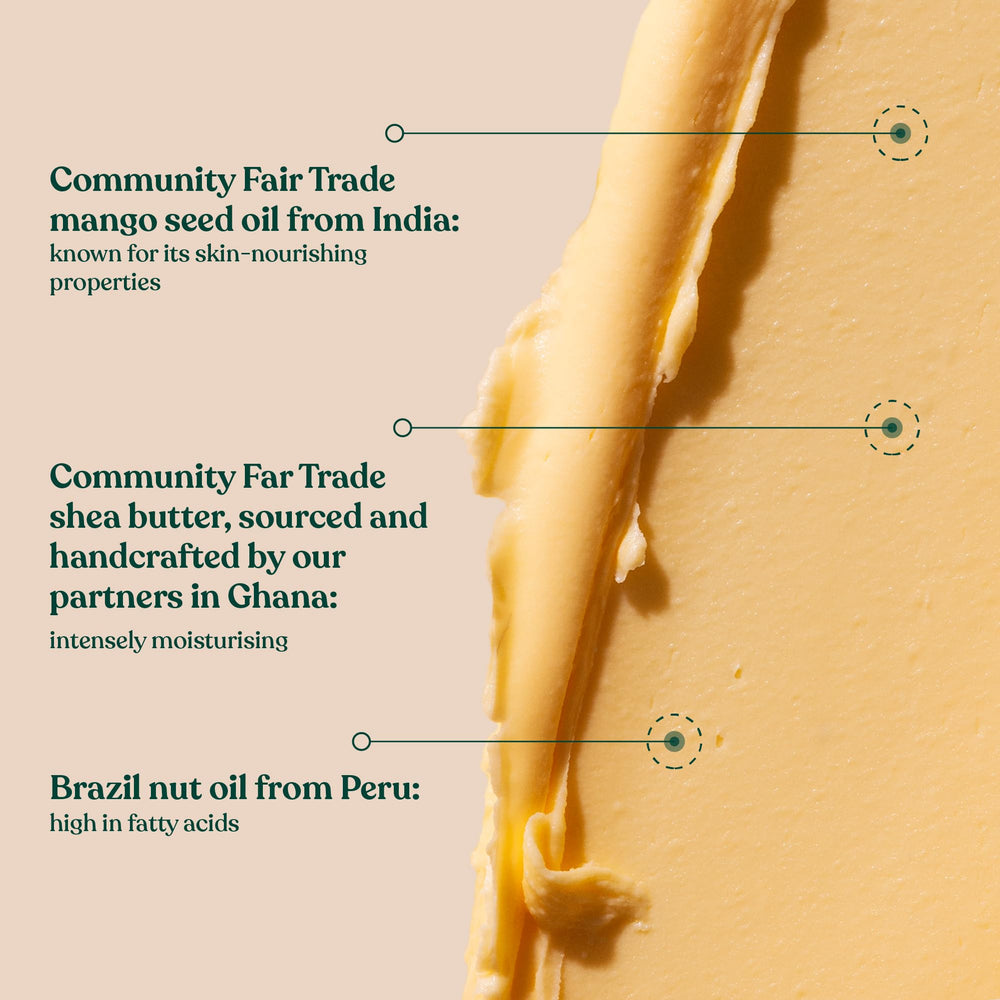 Creamy, non-sticky texture of The Body Shop Mango Body Butter on skin.