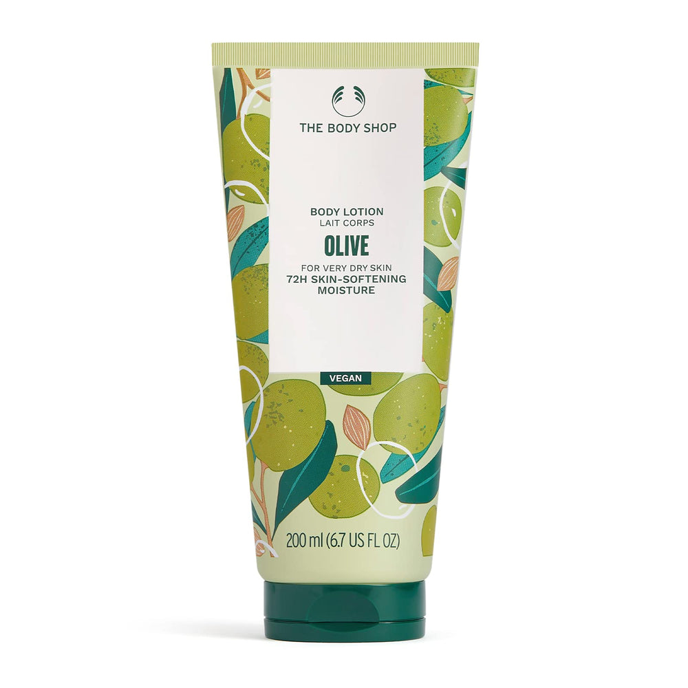The Body Shop Olive Body Lotion tube packaging highlights sustainable materials and branding.