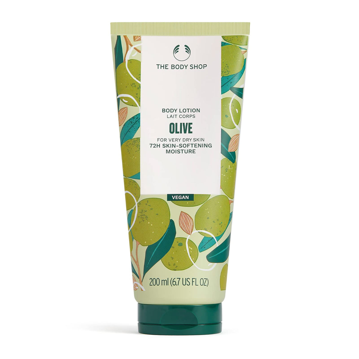 The Body Shop Olive Body Lotion tube packaging highlights sustainable materials and branding.