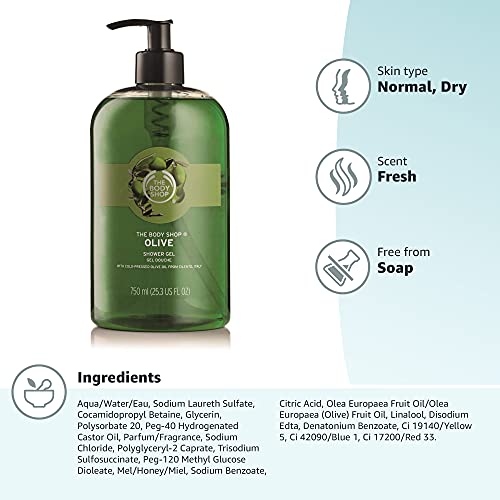 The Body Shop Olive Shower Gel bottle on shelf ready for daily use.