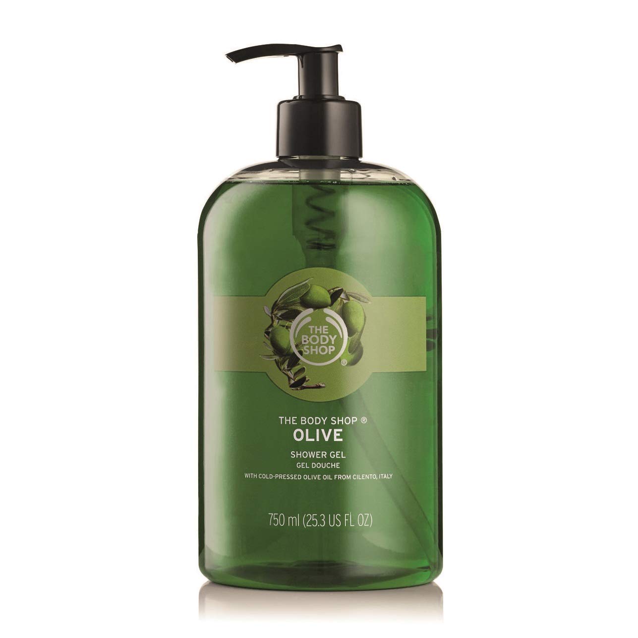 The Body Shop Olive Shower Gel Jumbo bottle with soap-free cleansing and Mediterranean scent.