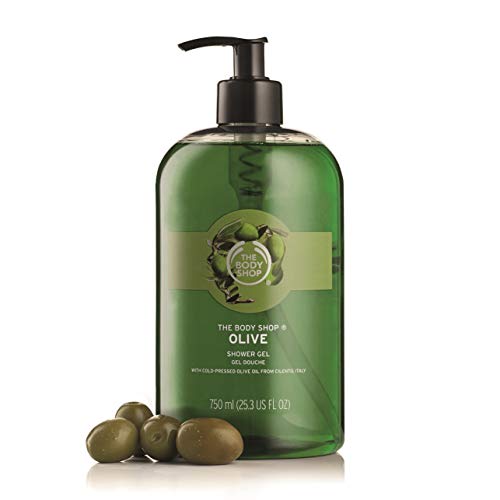 The Body Shop Olive Shower Gel jumbo bottle pours to reveal soft, creamy lather.