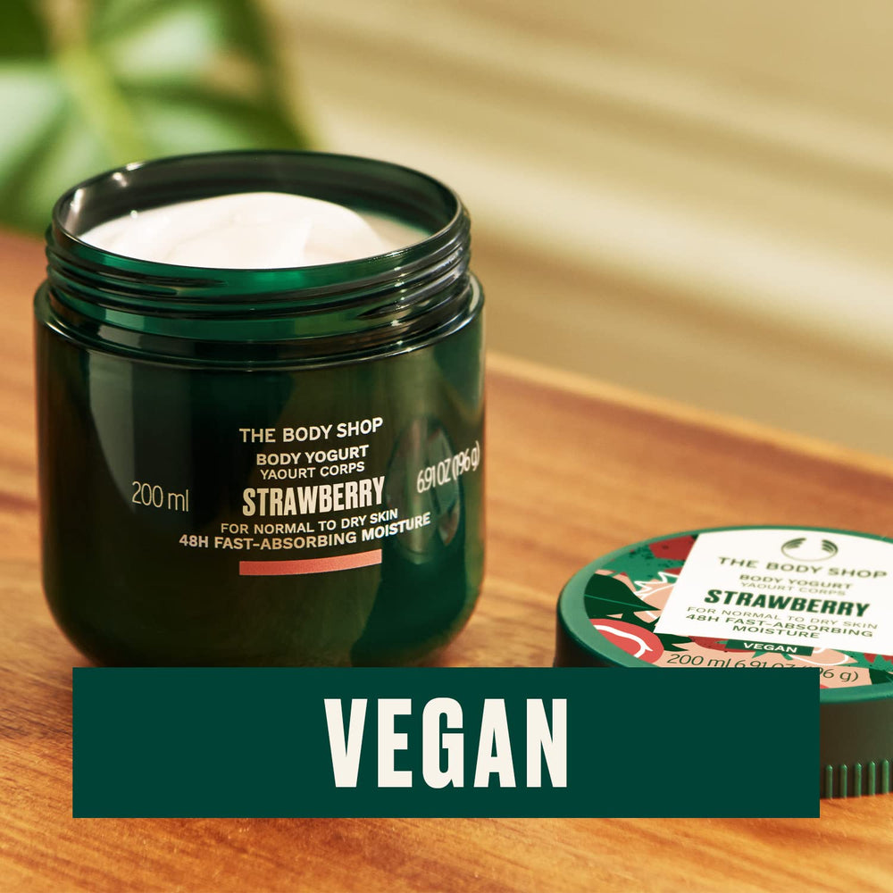 The Body Shop Strawberry Body Yogurt applied on damp skin illustrates quick hydration and freshness.
