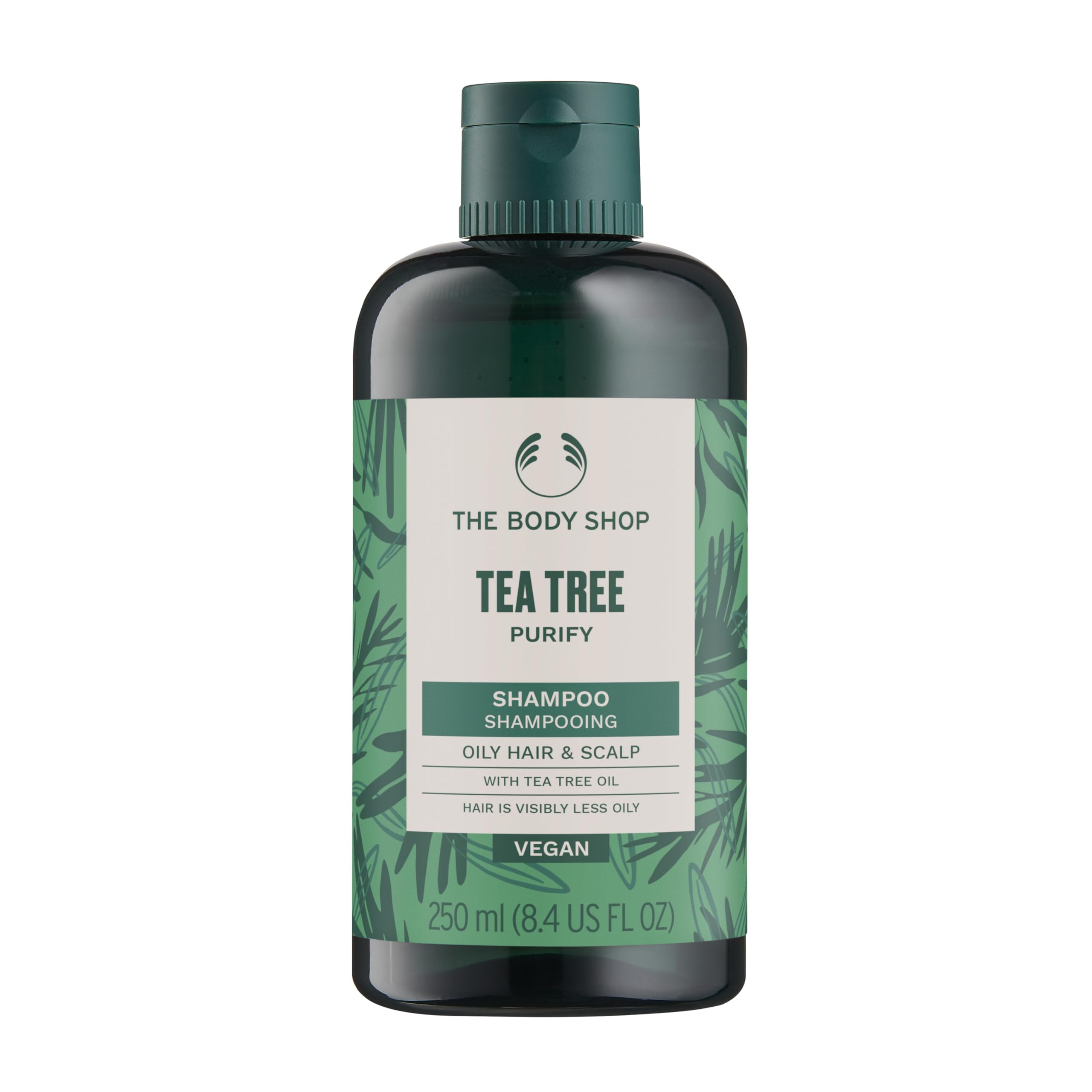 The Body Shop Tea Tree Purifying and Balancing Shampoo bottle for oily hair and scalp.