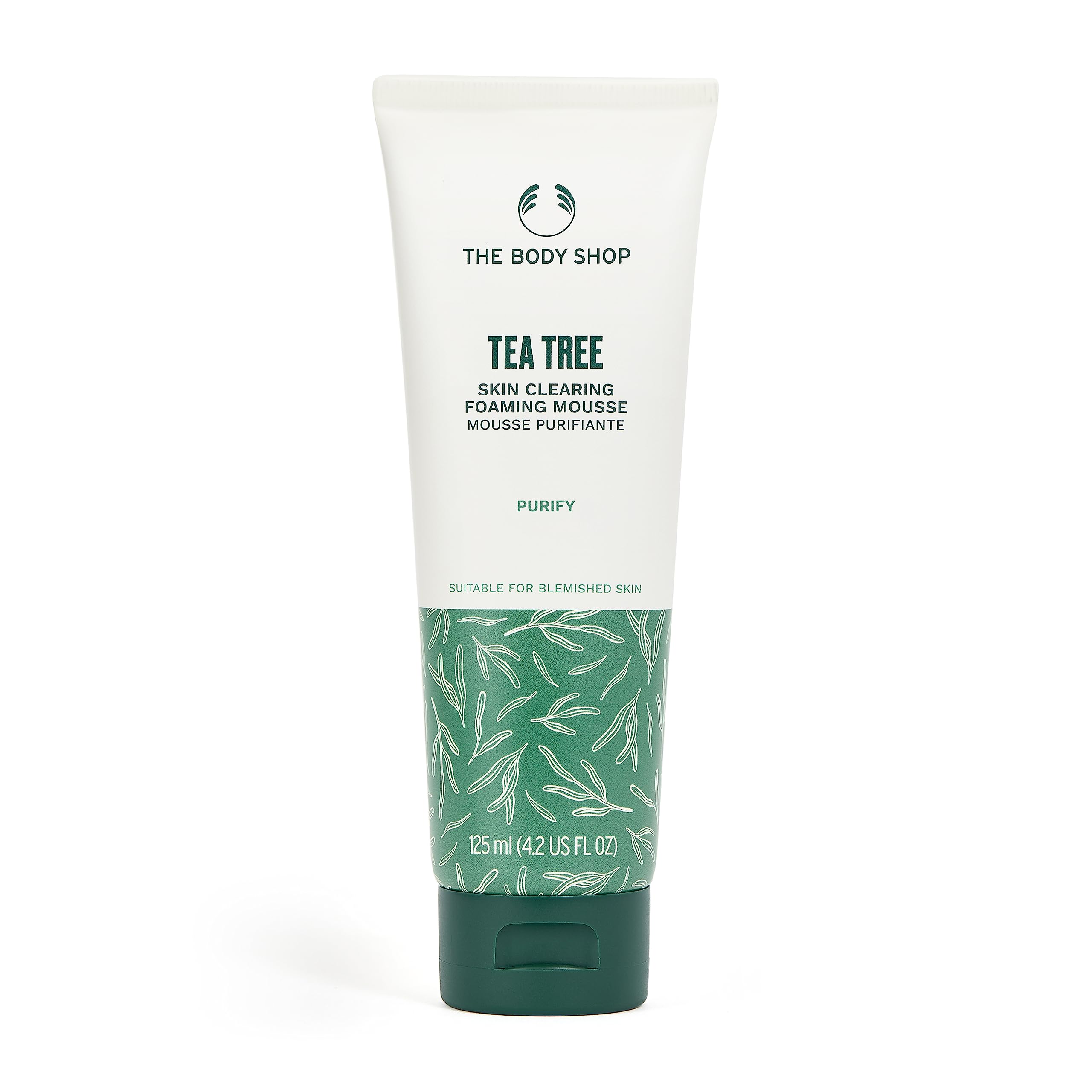 The Body Shop Tea Tree Foaming Cleanser bottle purifies pores and balances oily skin.
