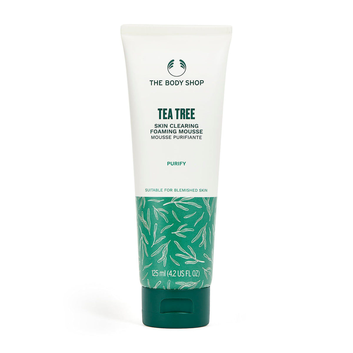 The Body Shop Tea Tree Foaming Cleanser bottle purifies pores and balances oily skin.