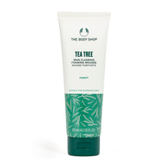 The Body Shop Tea Tree Foaming Cleanser bottle purifies pores and balances oily skin.