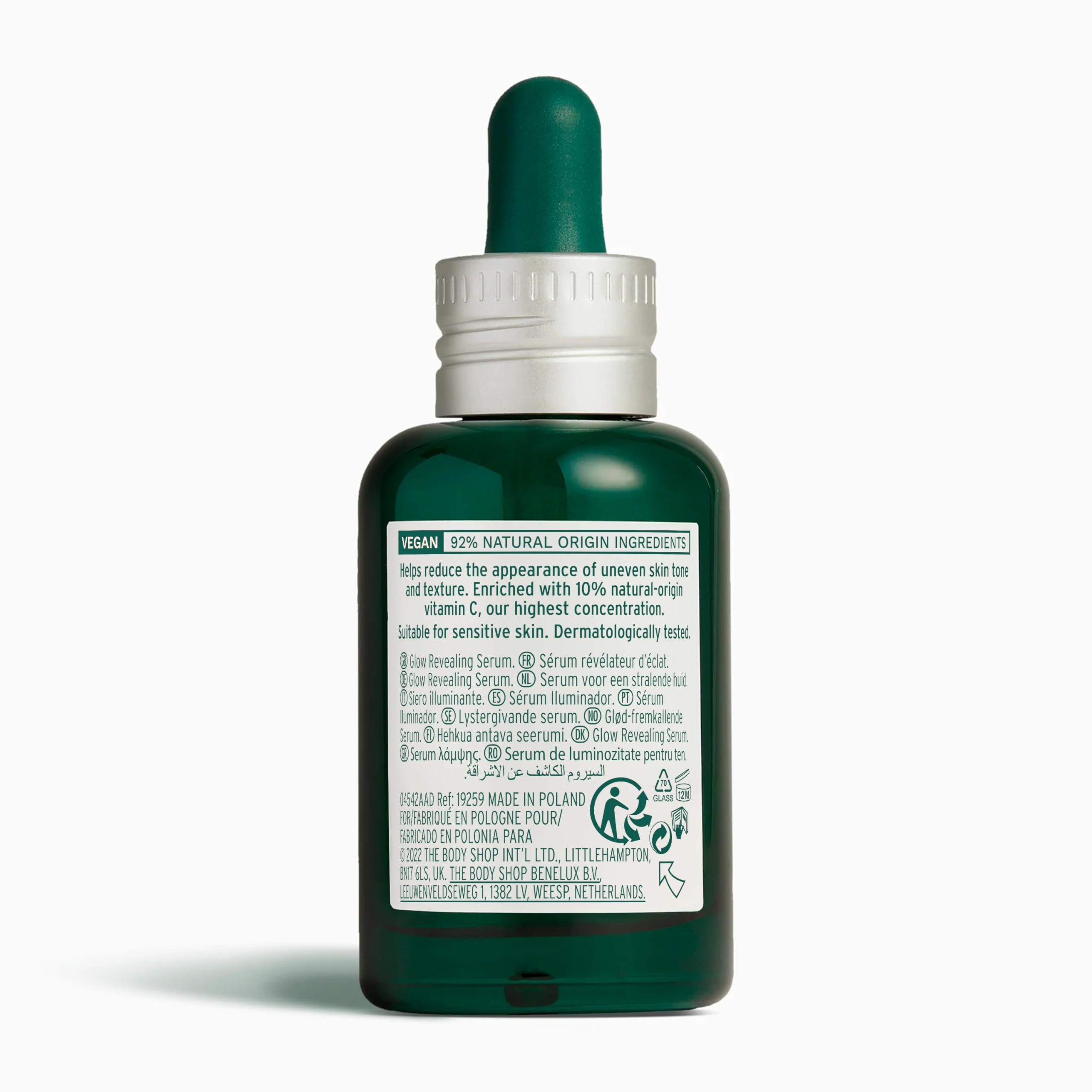 Dropper closeup shows lightweight formula for quick absorption and glow