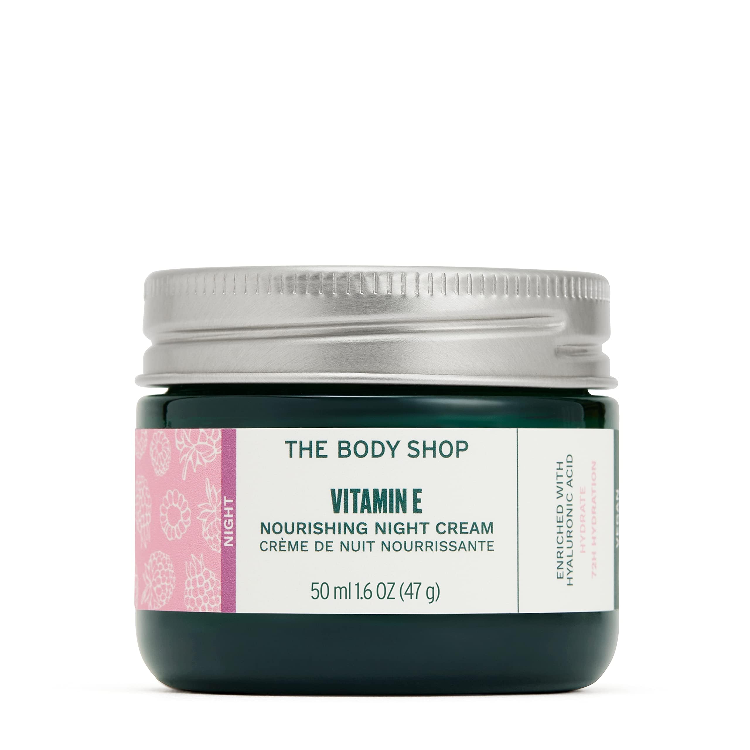 The Body Shop Vitamin E Night Cream jar closeup showing rich hydration for all skin types