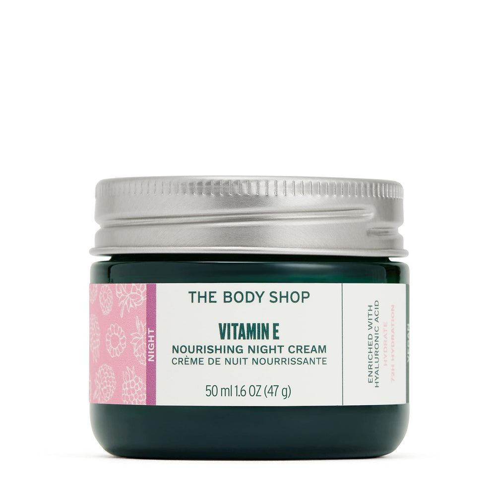 The Body Shop Vitamin E Night Cream jar closeup showing rich hydration for all skin types