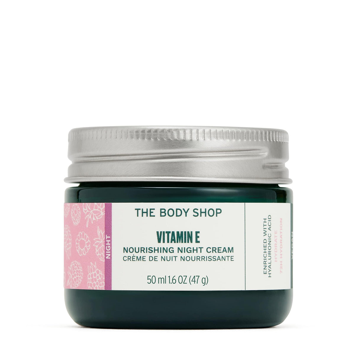 The Body Shop Vitamin E Night Cream jar closeup showing rich hydration for all skin types