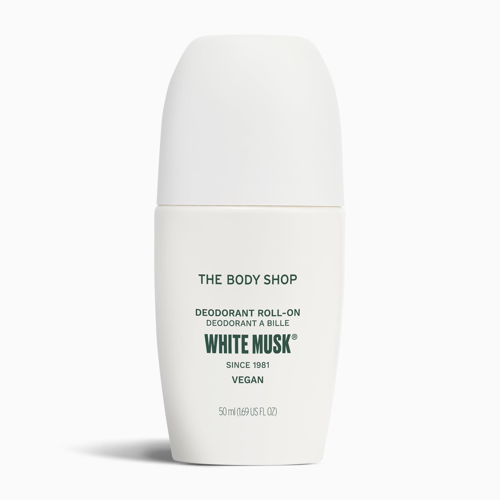 The Body Shop White Musk deodorant 50ml bottle showing compact travel-friendly packaging