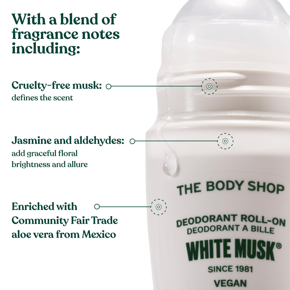Front view of The Body Shop White Musk deodorant packaging