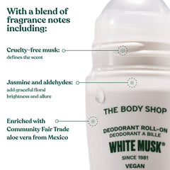Front view of The Body Shop White Musk deodorant packaging