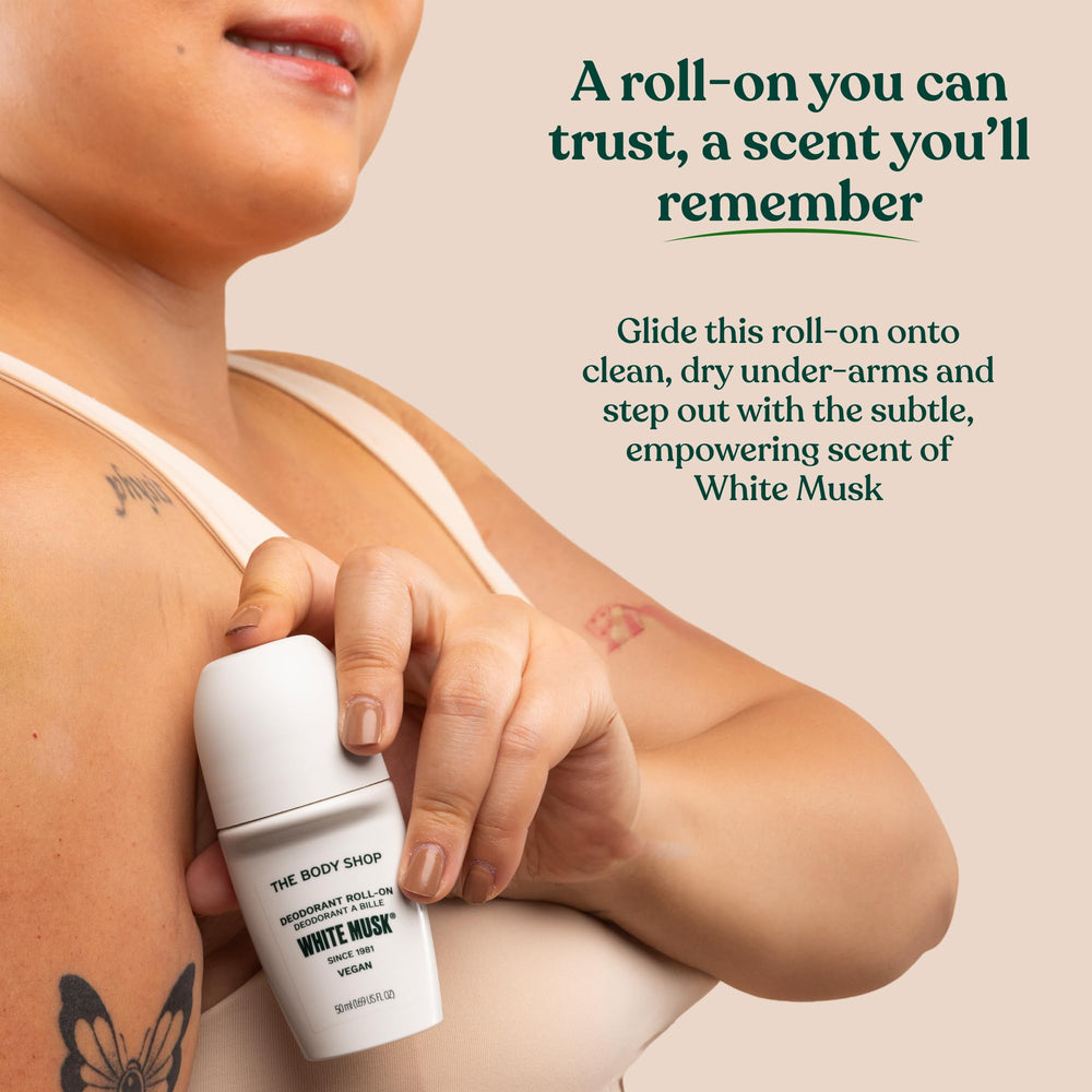 Close-up of White Musk deodorant texture on skin for a light feel