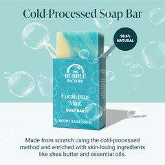 The Bubble Factory handmade soap closeup highlights natural ingredients and care.