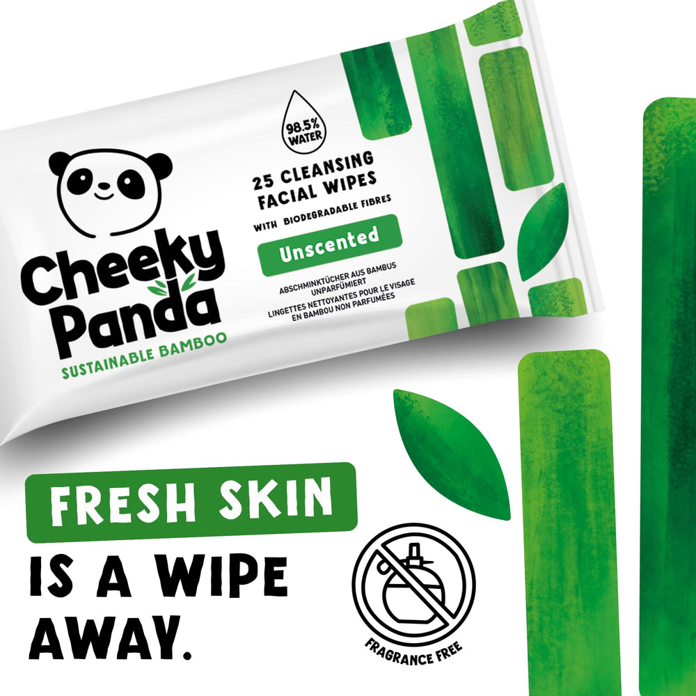 Aloe-infused wipe detail from The Cheeky Panda signals soothing moisture.